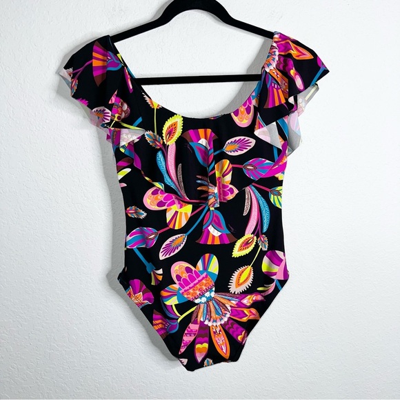 Trina Turk One Piece Swimsuit Womens 10 Ruffled Off The Shoulder Tropical B12 - Picture 3 of 9